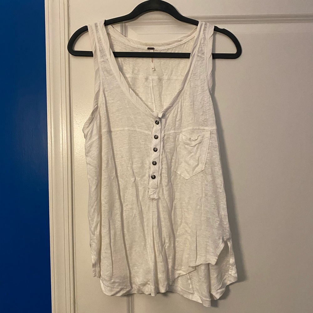 Free People White Tank with Button & Pocket Detail